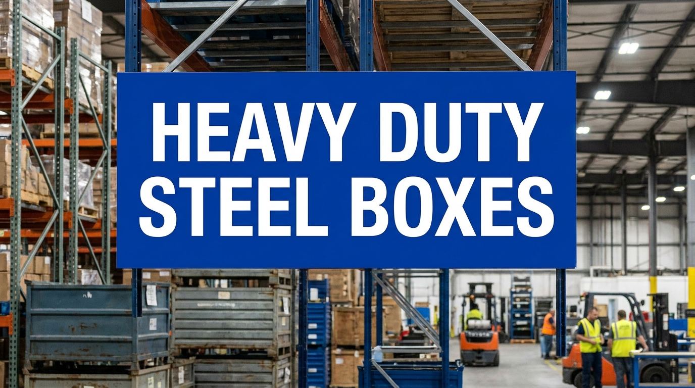 Heavy duty steel boxes sign displayed in an industrial warehouse setting