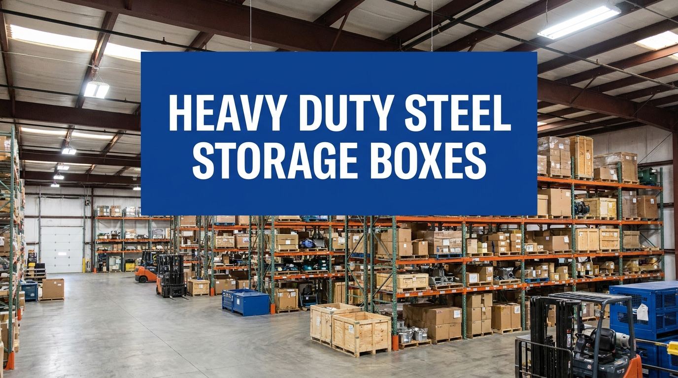 Heavy duty steel storage boxes in a manufacturing warehouse