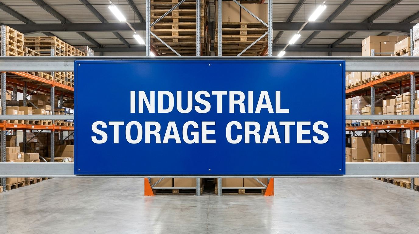 Industrial storage crates sign in warehouse setting