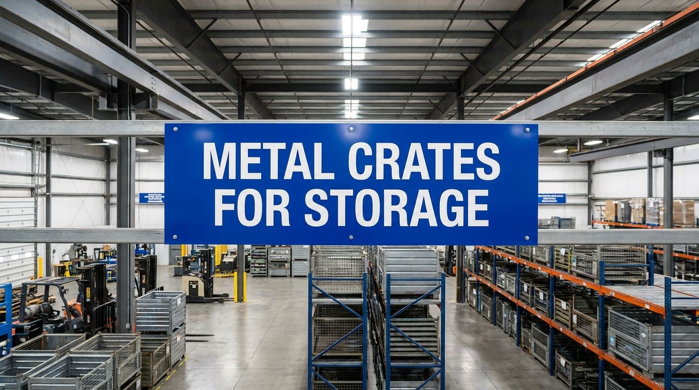 Metal crates for storage in a manufacturing warehouse facility