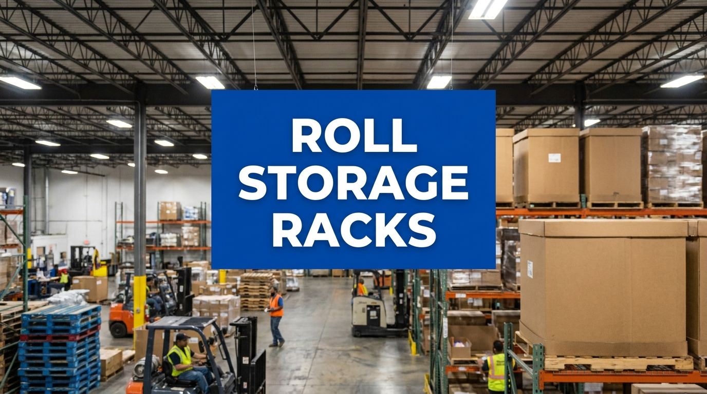 Roll storage racks in a large warehouse facility