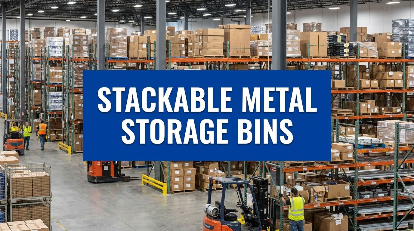 Stackable metal storage bins sign in a warehouse setting
