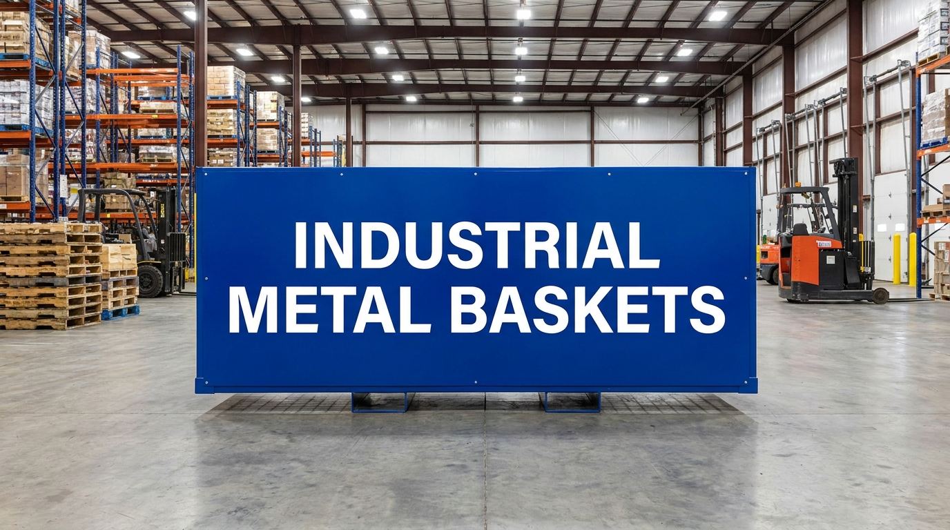 Industrial metal baskets sign in a warehouse setting