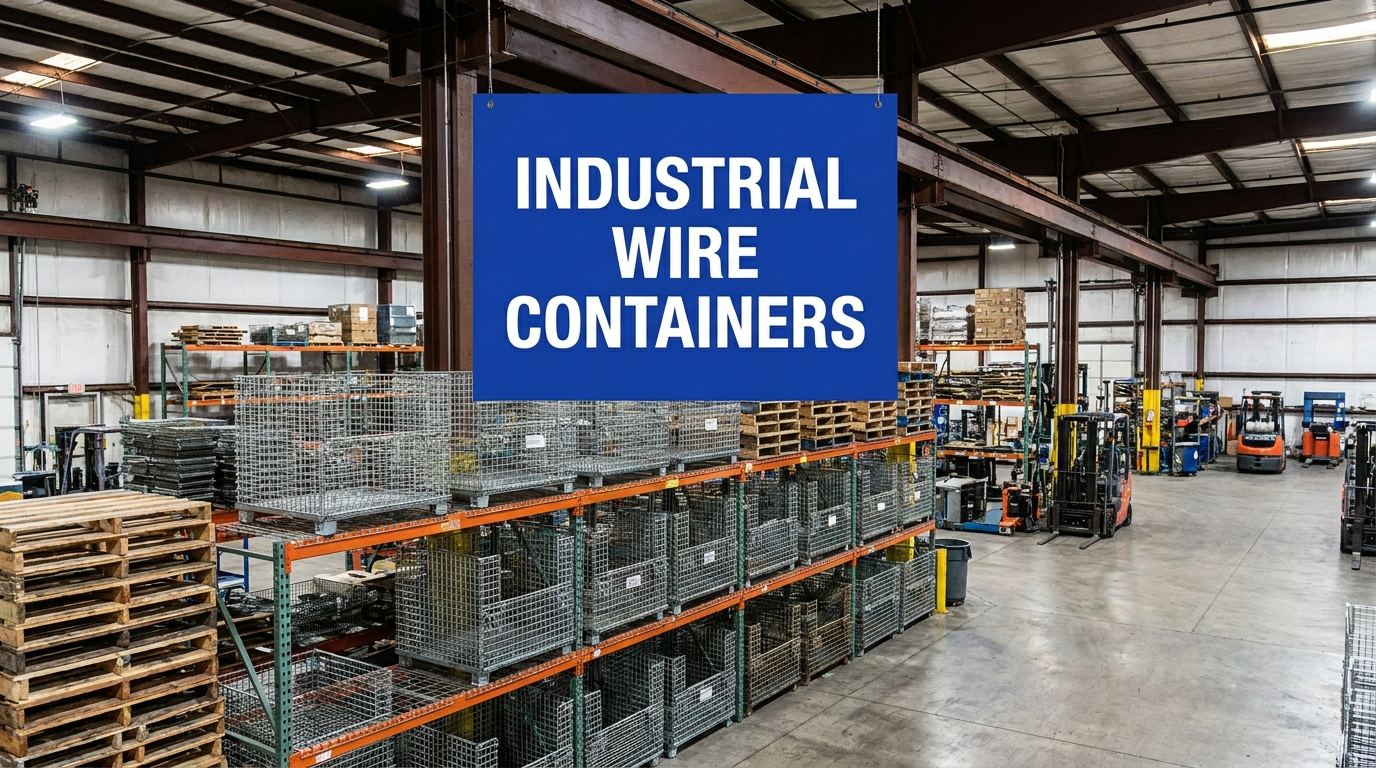 Industrial wire containers guide sign in warehouse