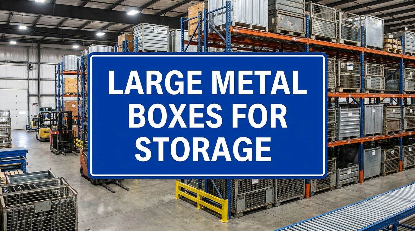 Large metal boxes for storage in a manufacturing warehouse setting