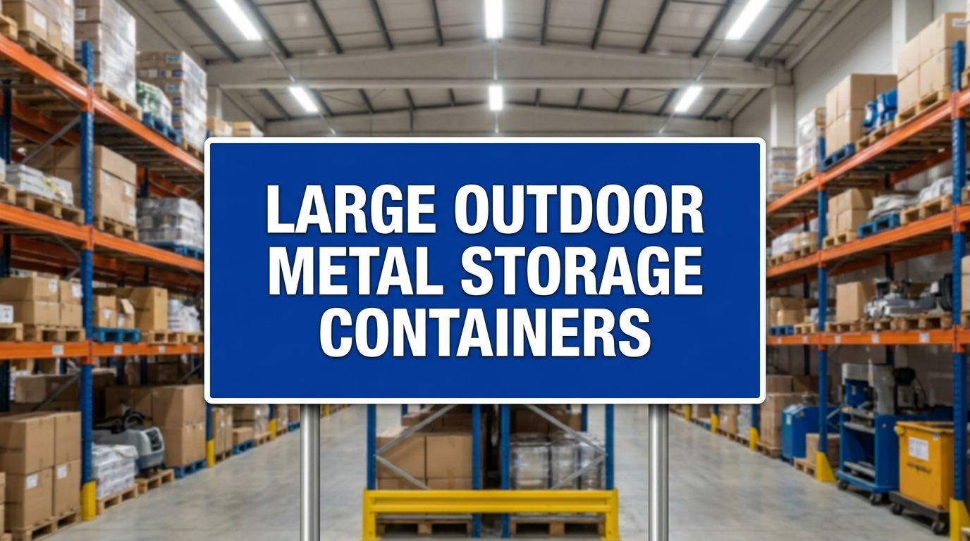 Large outdoor metal storage containers sign in warehouse setting