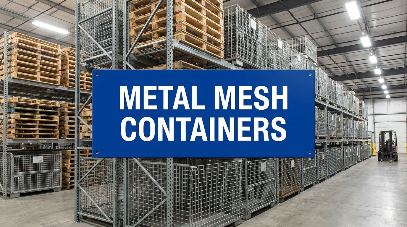Metal mesh containers sign displayed in an industrial warehouse setting