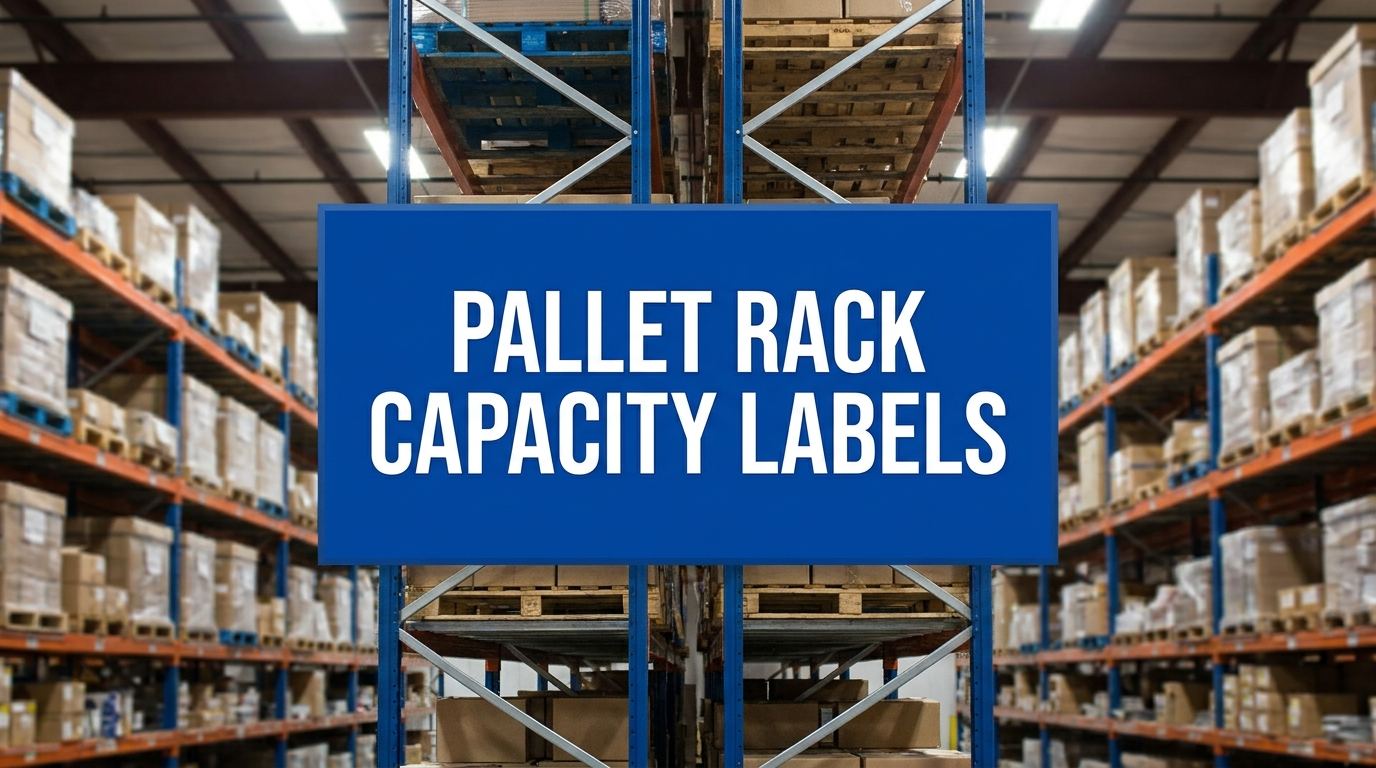 Pallet rack capacity labels displayed on warehouse racking system