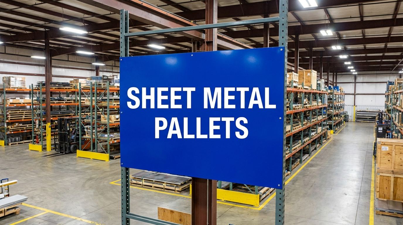 Sheet metal pallets sign in a warehouse setting
