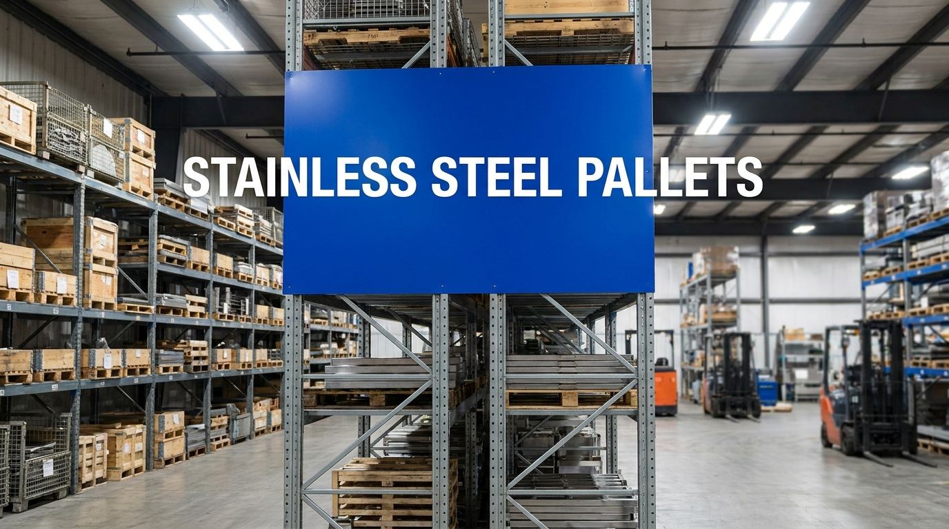 Stainless steel pallets sign in a manufacturing warehouse