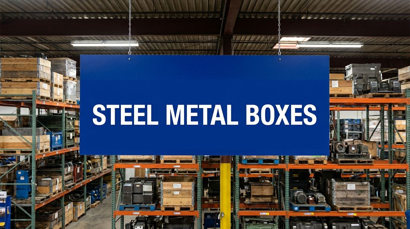 Steel metal boxes sign in warehouse storage facility