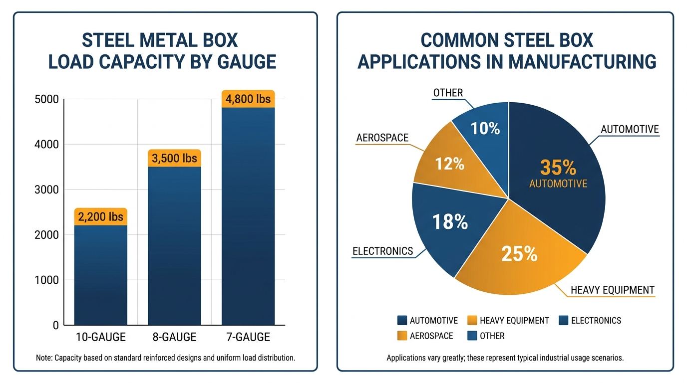 Infographic comparing steel metal box load capacity by gauge and manufacturing applications