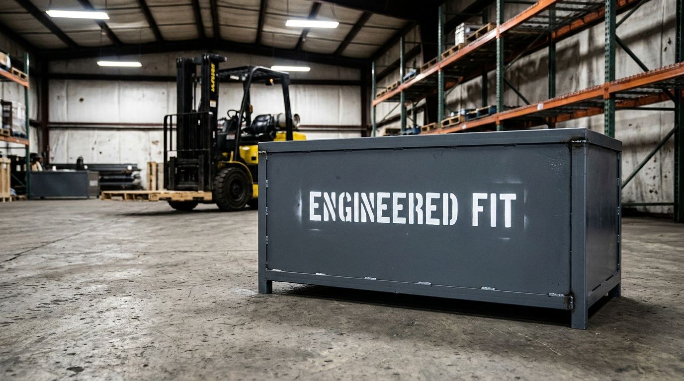 Custom steel metal box with engineered fit label in warehouse setting