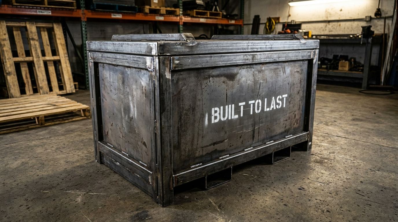 Heavy duty steel metal box built to last in manufacturing facility