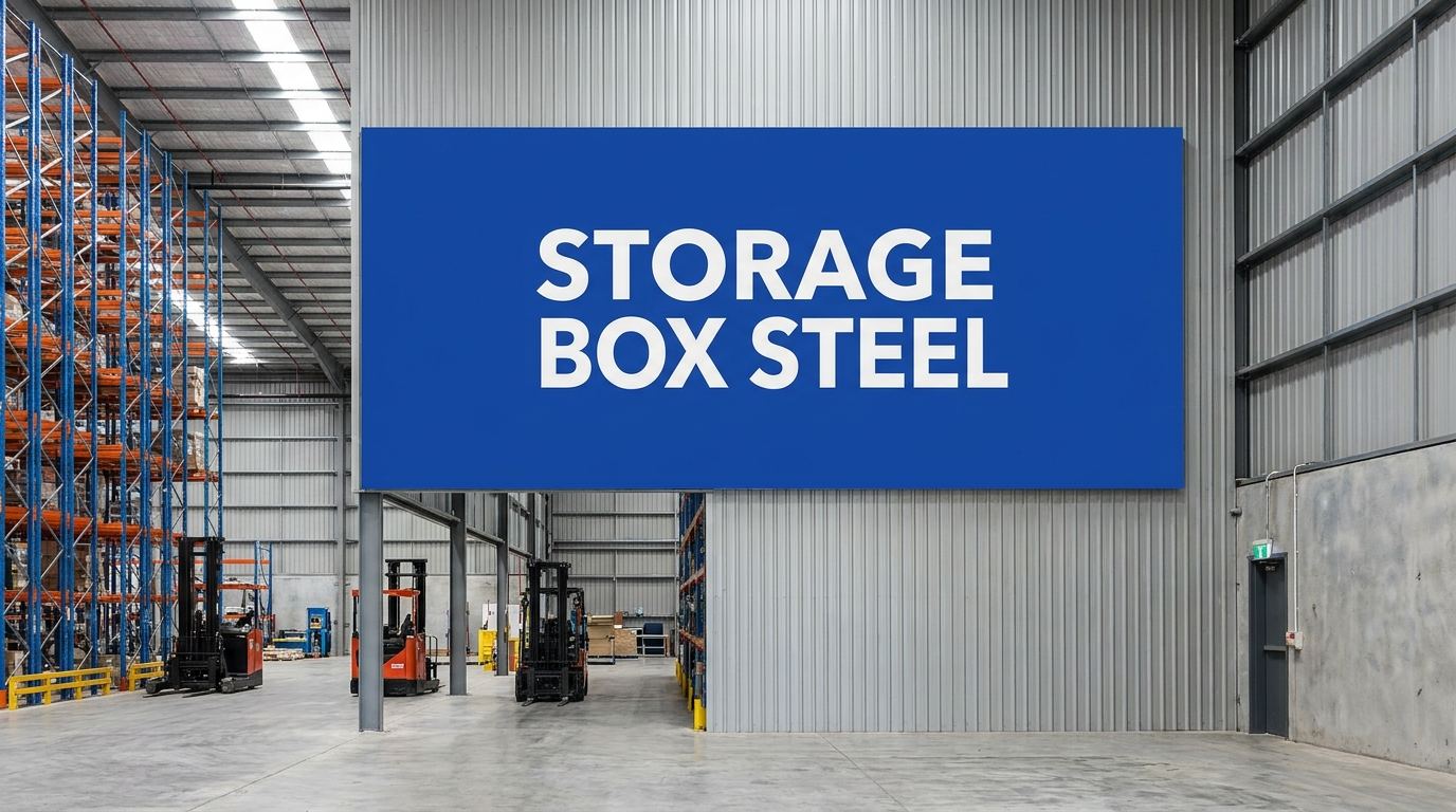 Storage box steel sign in industrial warehouse setting