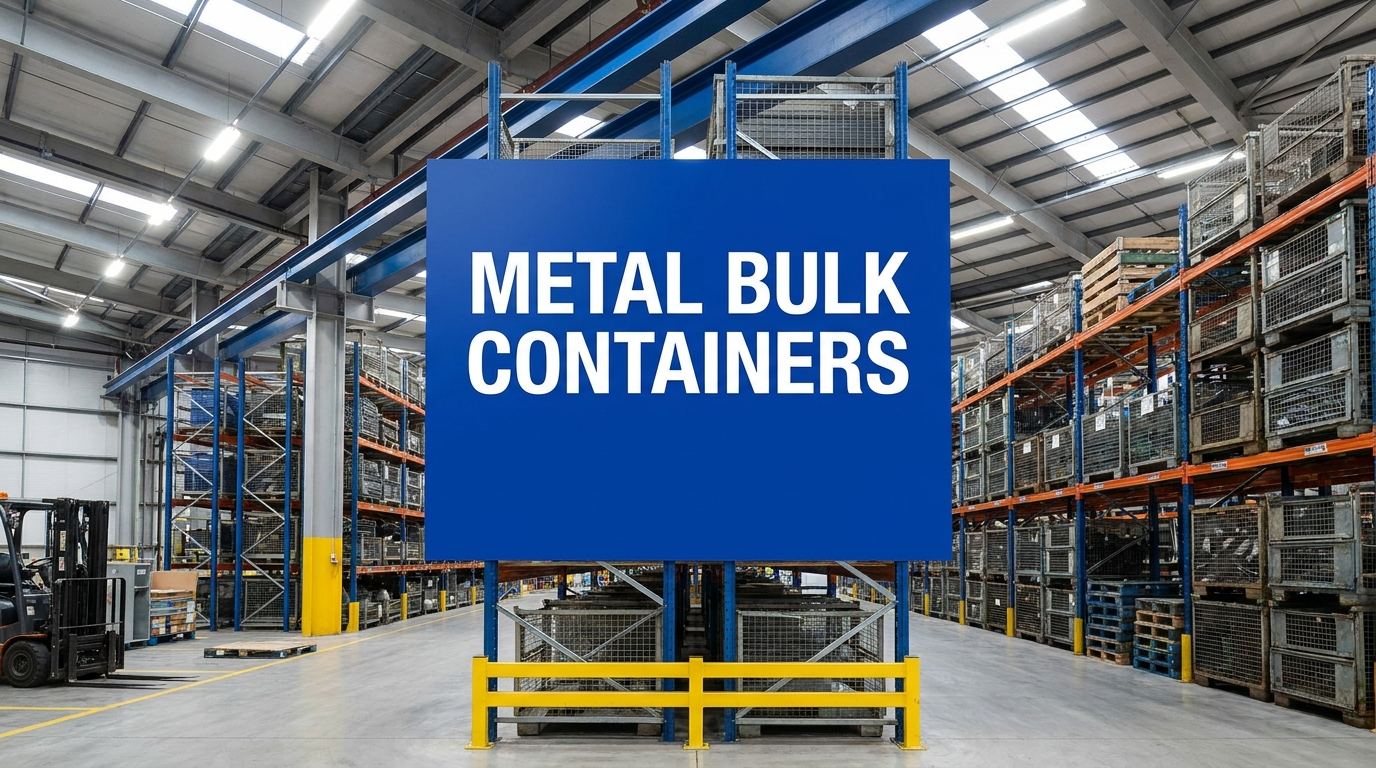 Metal bulk containers sign in a warehouse setting