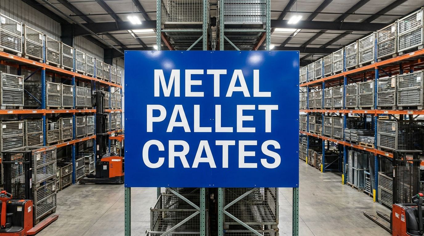 Metal pallet crates sign in a warehouse storage facility