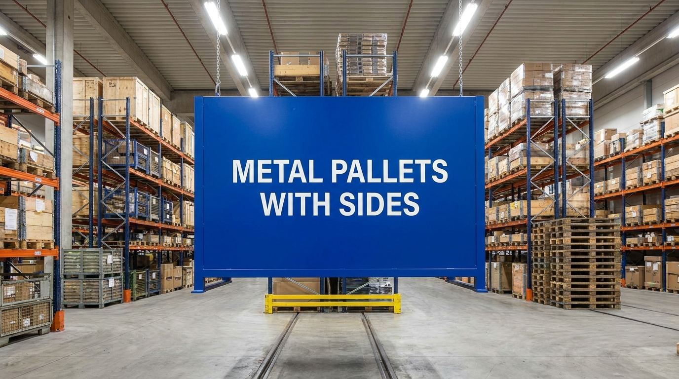Metal pallets with sides in a manufacturing warehouse setting