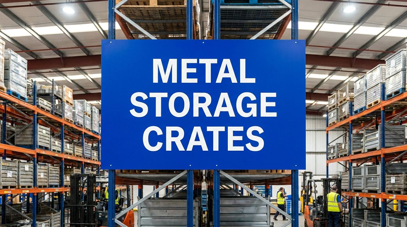 Metal storage crates sign in a warehouse facility