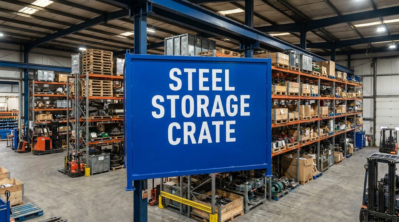 Steel storage crate sign in a warehouse setting