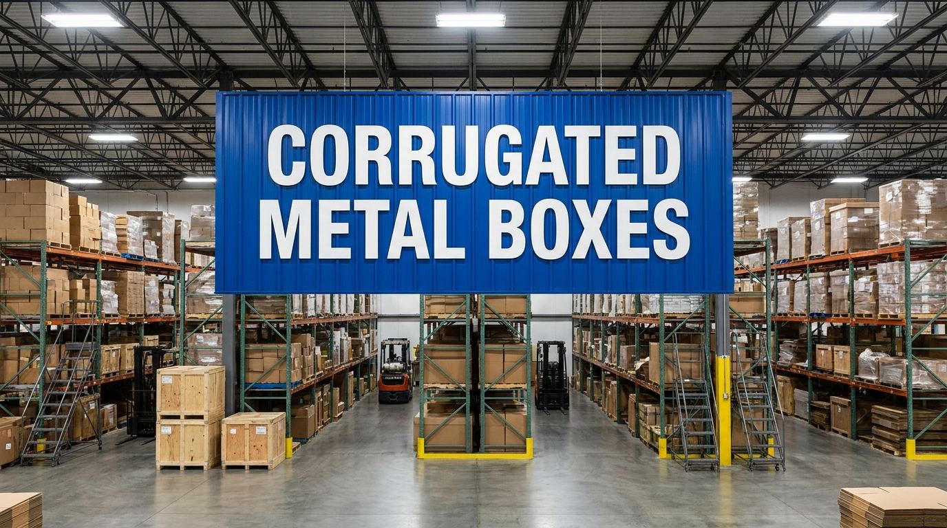 Corrugated metal boxes in a manufacturing warehouse setting
