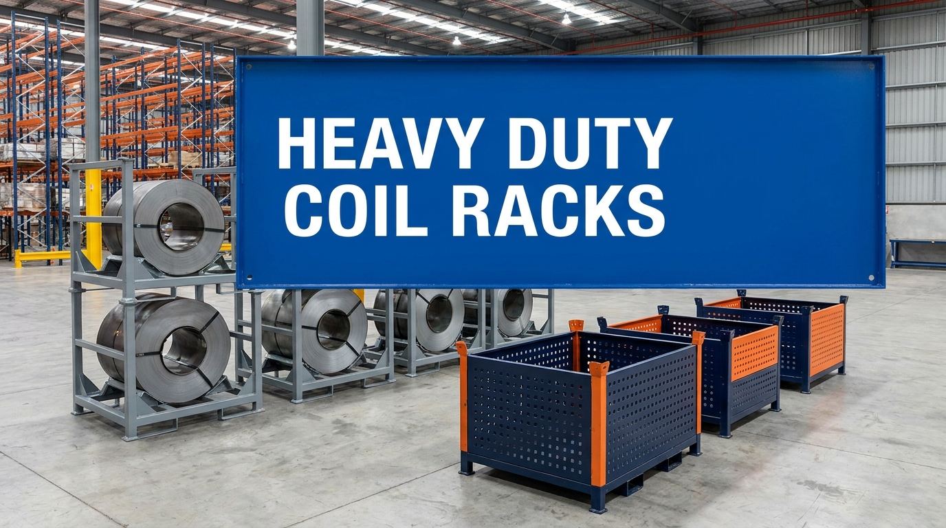 Heavy duty coil racks sign displayed in an industrial warehouse setting