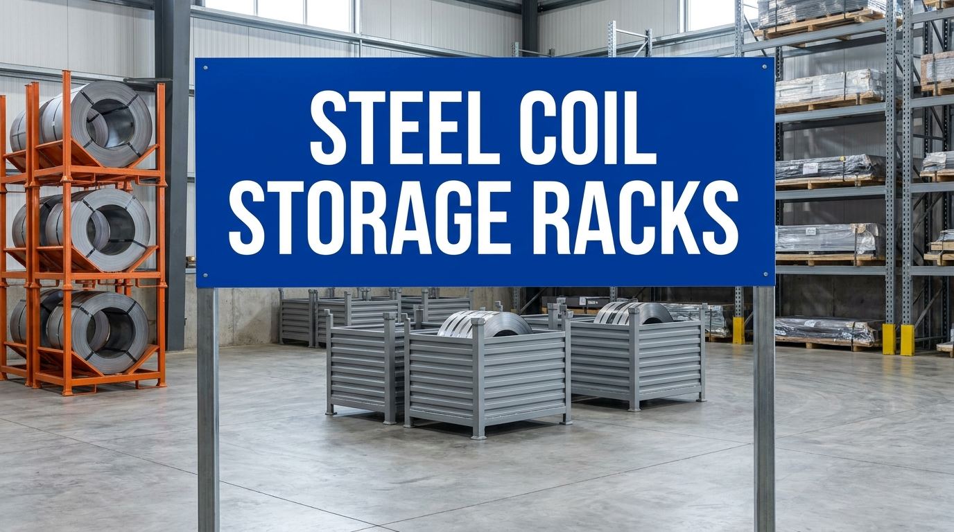 Steel coil storage racks sign displayed in an industrial warehouse setting