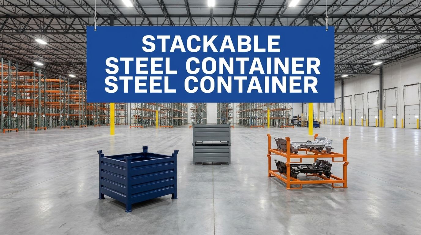 Stackable steel container sign displayed in a manufacturing warehouse interior