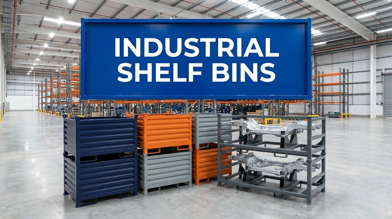 Industrial shelf bins sign in a warehouse storage facility