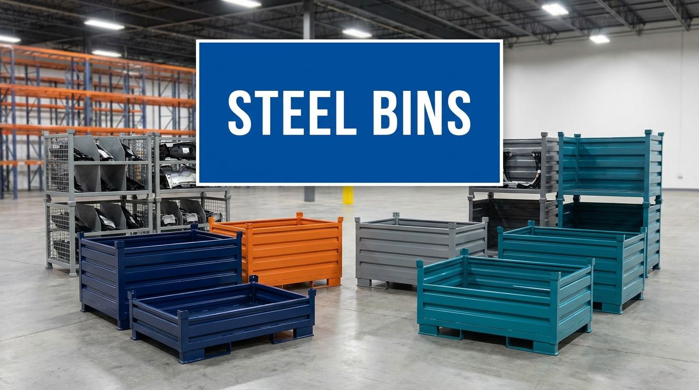 Steel bins sign in a manufacturing warehouse facility