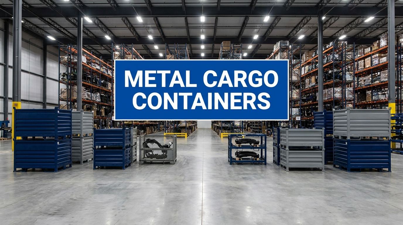 Metal cargo containers sign in a manufacturing warehouse