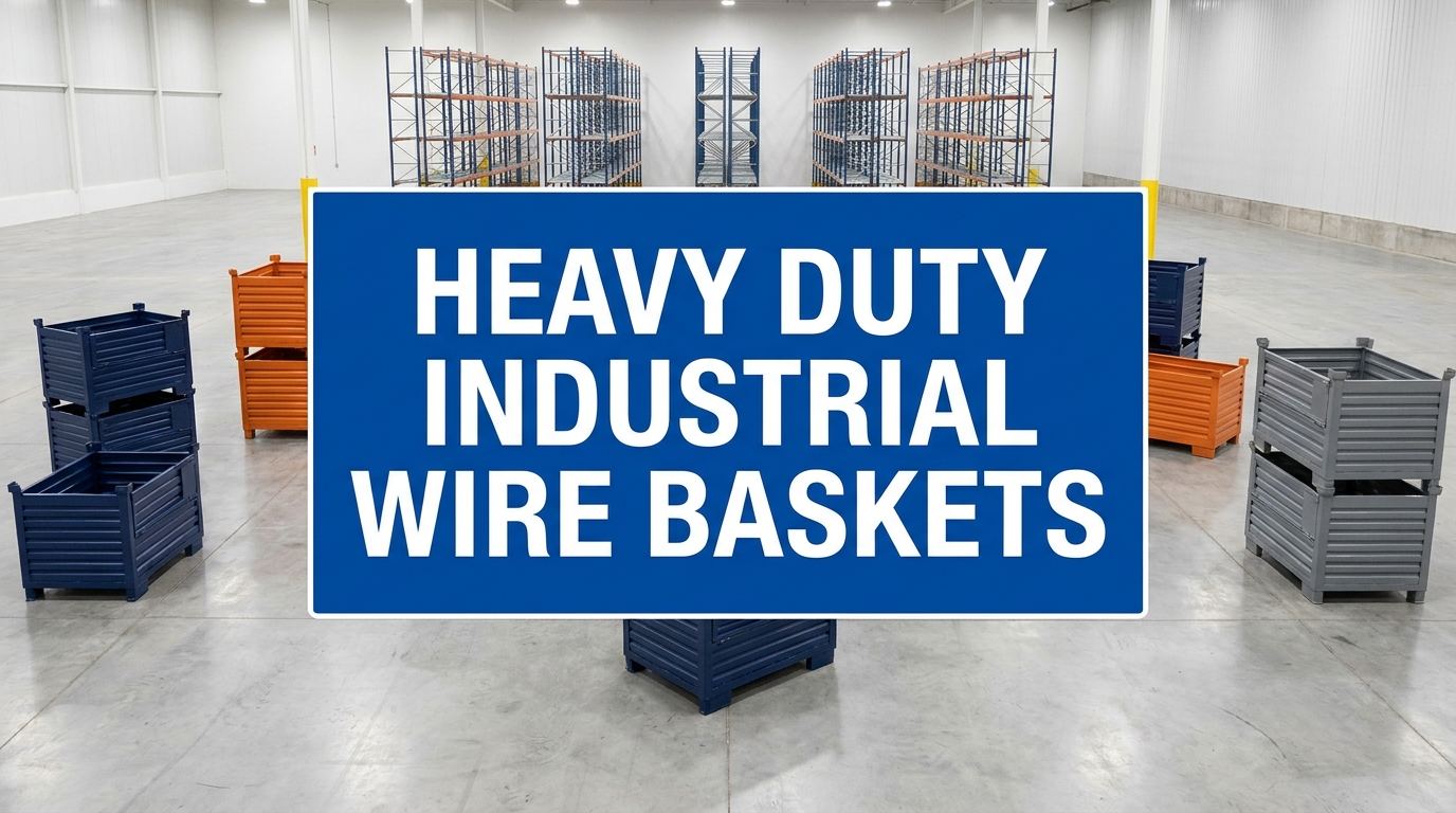 Heavy duty industrial wire baskets sign displayed in a manufacturing warehouse interior
