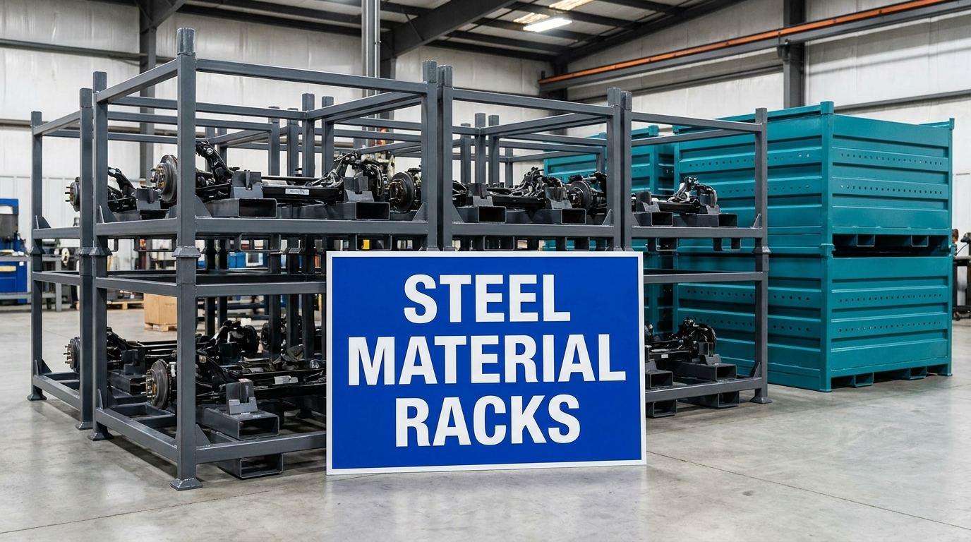 Steel material racks on concrete warehouse floor with blue sign showing the keyword