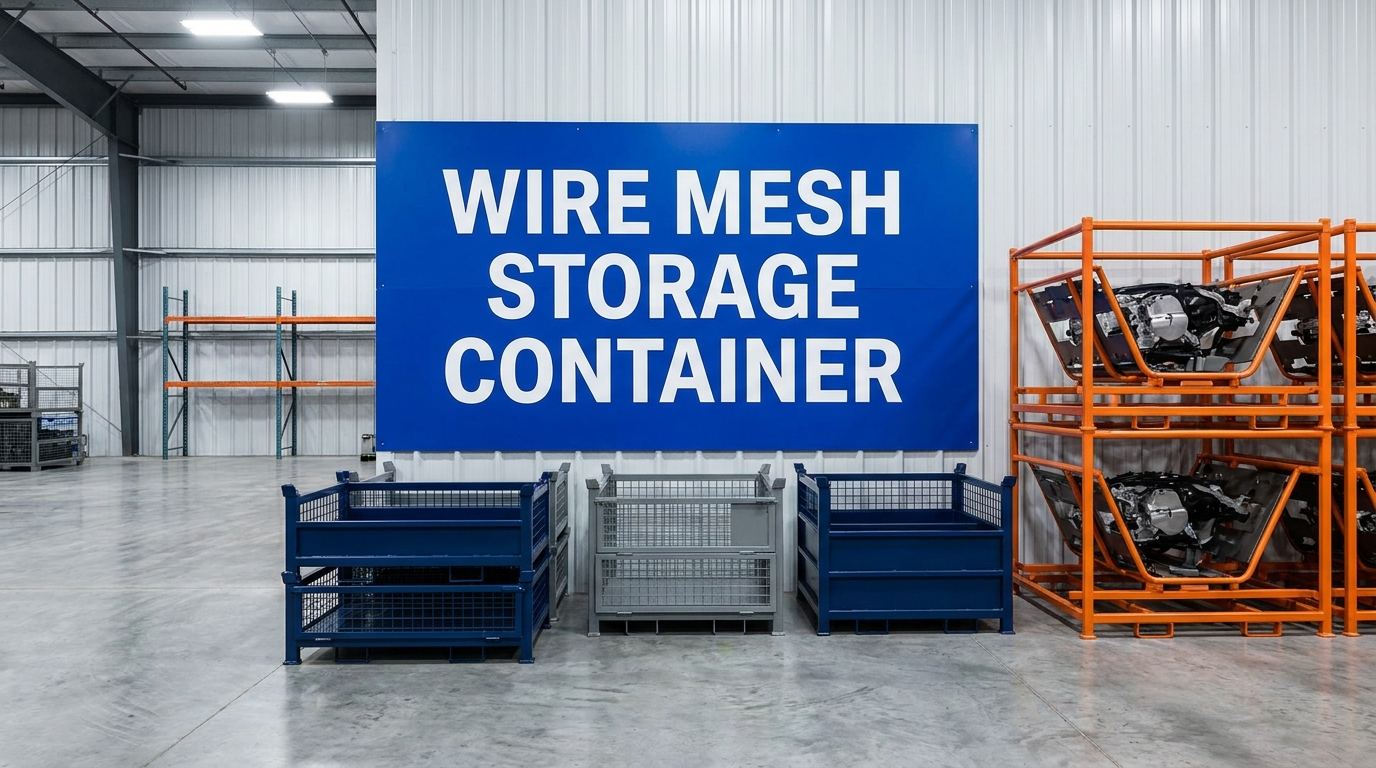 Wire mesh storage container sign displayed in a manufacturing warehouse interior