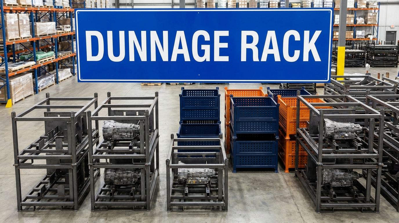 Warehouse interior with a royal-blue sign reading DUNNAGE RACK in white bold capitals, custom welded steel stacking racks visible in the background on a concrete floor.