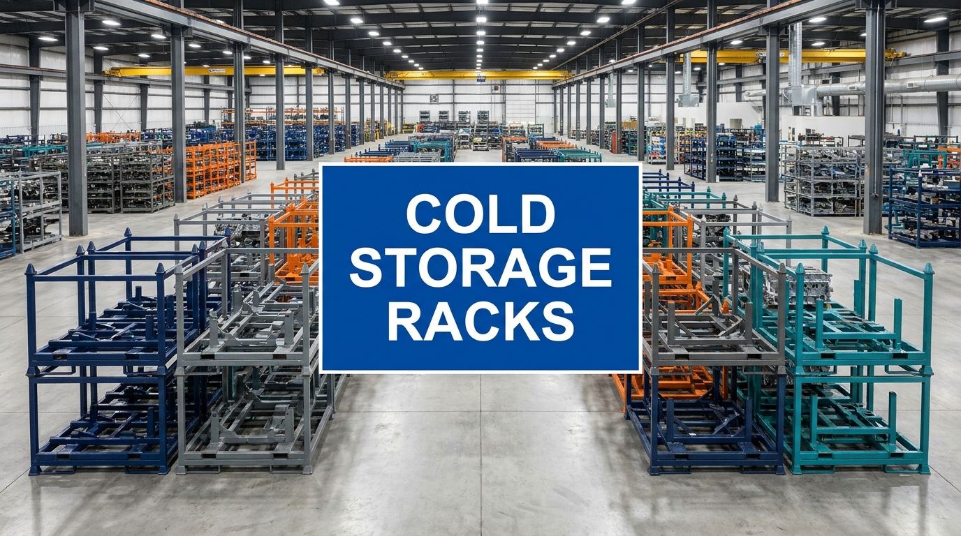 Cold storage racks sign in a warehouse facility with custom welded steel stacking racks in the background