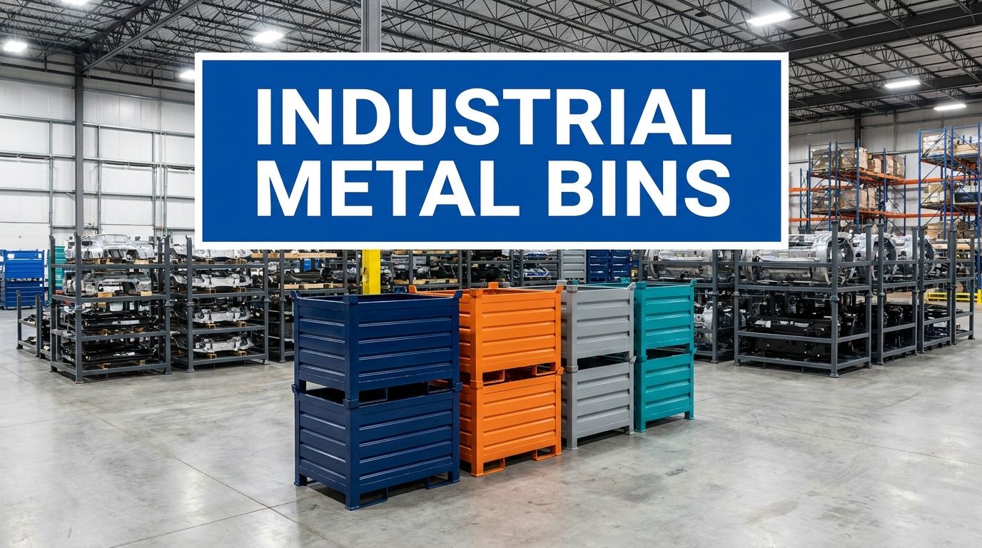 Industrial metal bins sign displayed in a manufacturing warehouse facility