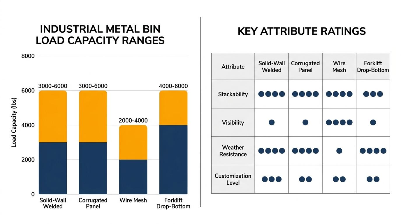 Infographic comparing types and load capacities of industrial metal bins for manufacturing facilities