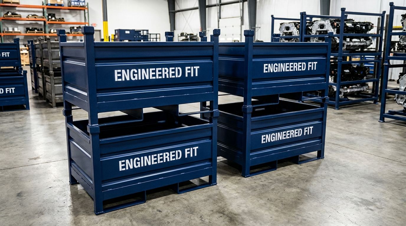 Custom industrial metal bin with engineered fit label stacked on concrete warehouse floor