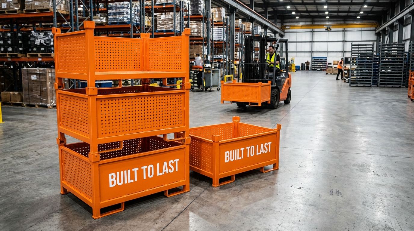 Orange custom industrial metal bins stacked three high on concrete floor with built to last label