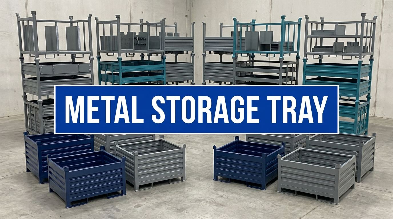 Metal storage tray sign in a manufacturing warehouse interior