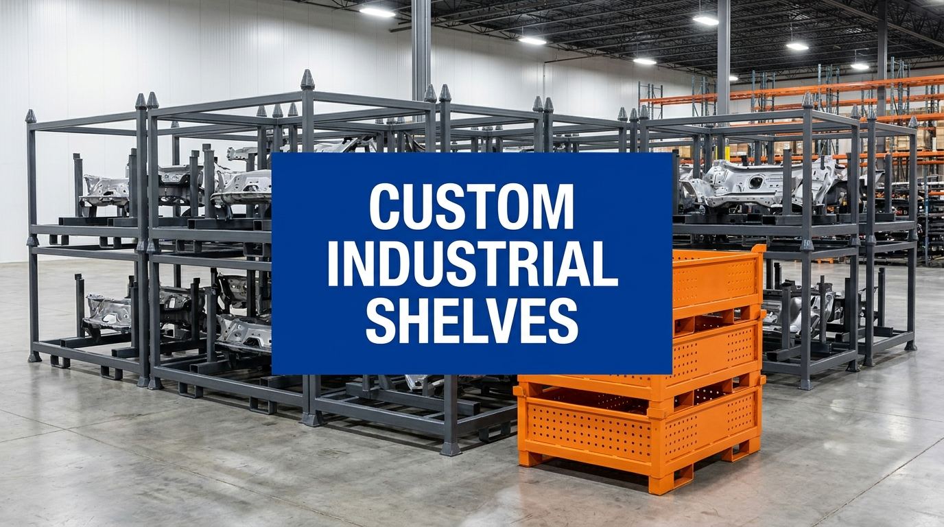 Custom industrial shelves sign in a manufacturing warehouse with steel stacking racks in the background