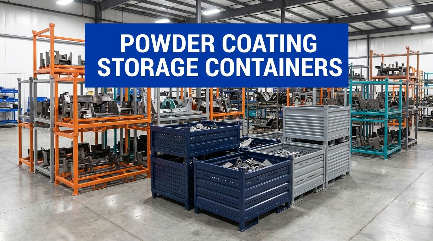 Warehouse interior with royal-blue sign reading POWDER COATING STORAGE CONTAINERS in white capital letters, custom welded steel stacking racks on concrete floor in background