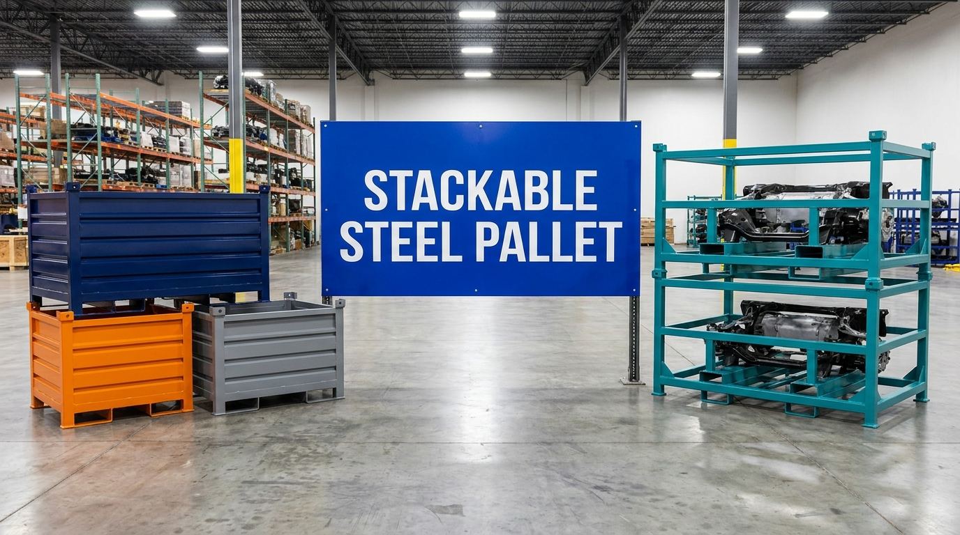 Stackable steel pallet sign displayed in a warehouse interior