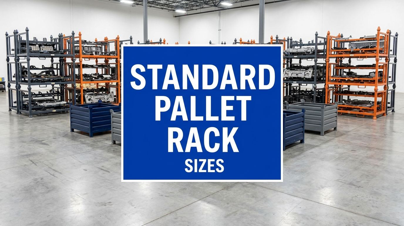 Large blue sign reading STANDARD PALLET RACK SIZES displayed inside a warehouse with custom steel stacking racks in the background