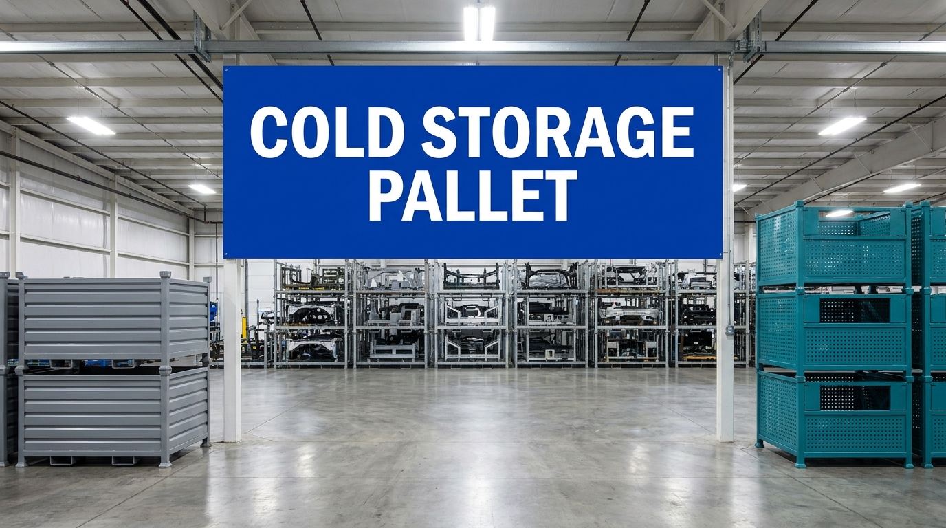 Cold storage pallet sign inside a warehouse with steel stacking racks in background