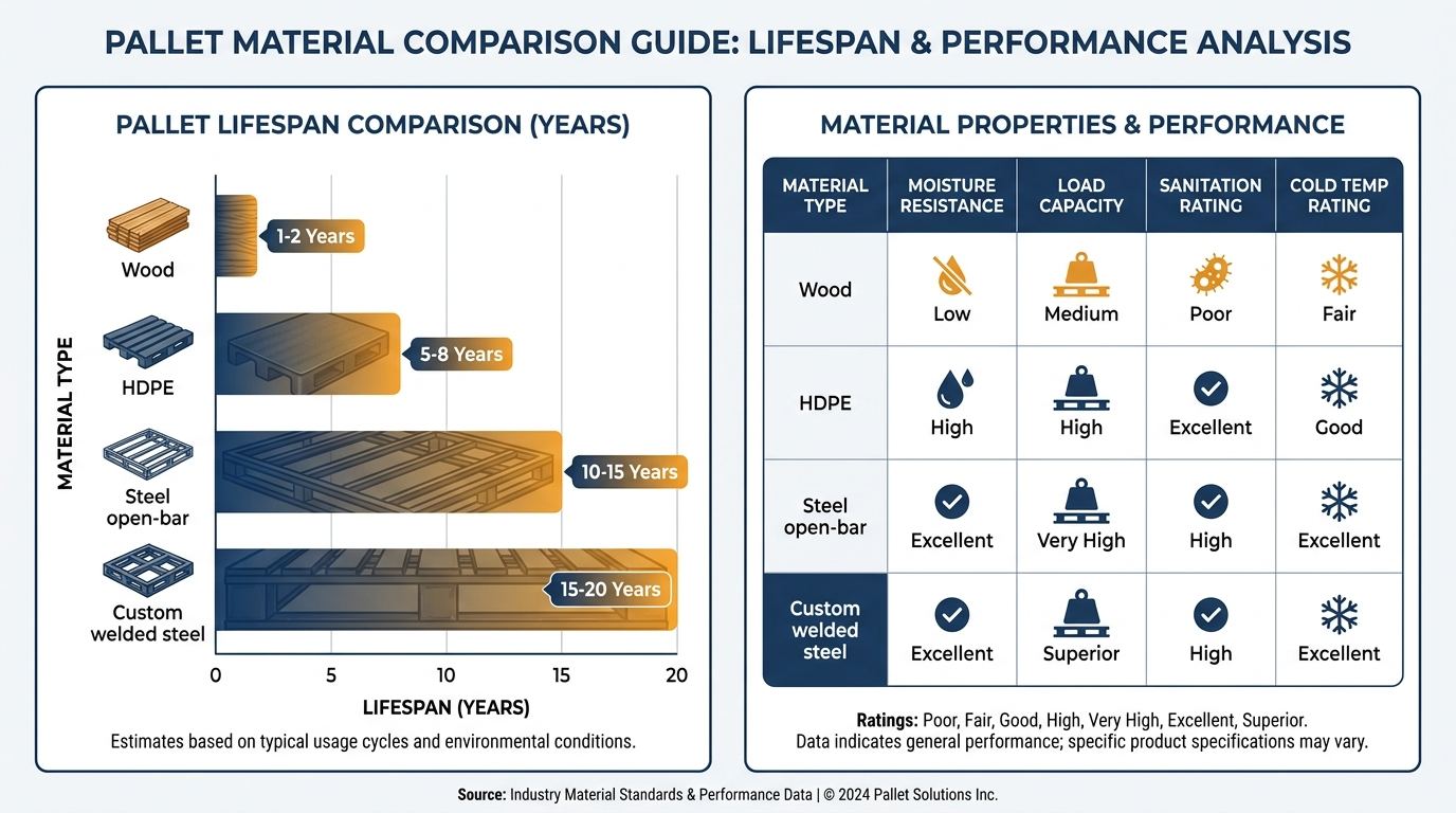 Infographic comparing cold storage pallet types by lifespan and material properties