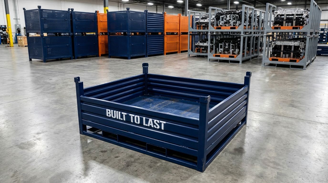 Custom welded steel cold storage pallet with BUILT TO LAST printed on surface in warehouse setting