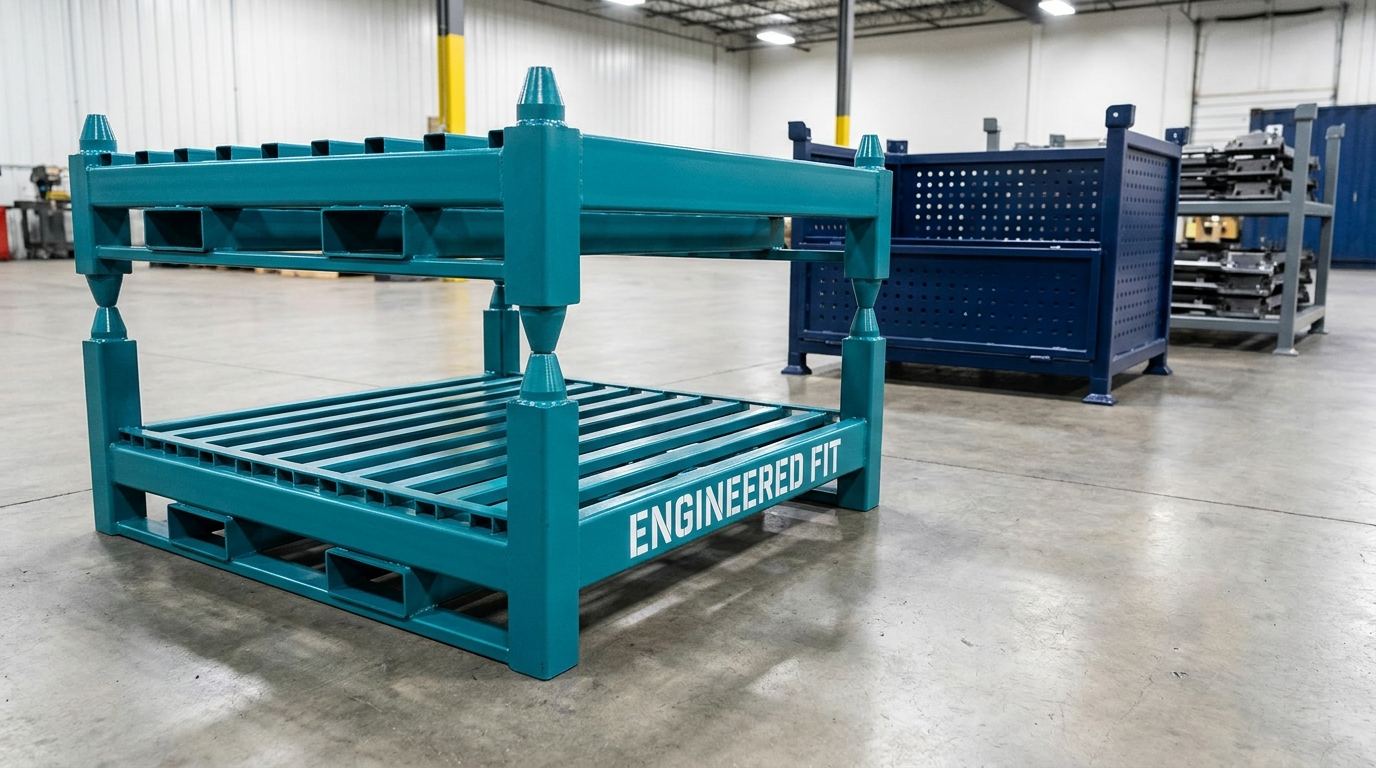 Two custom welded steel cold storage pallets stacked in a warehouse showing engineered fit label
