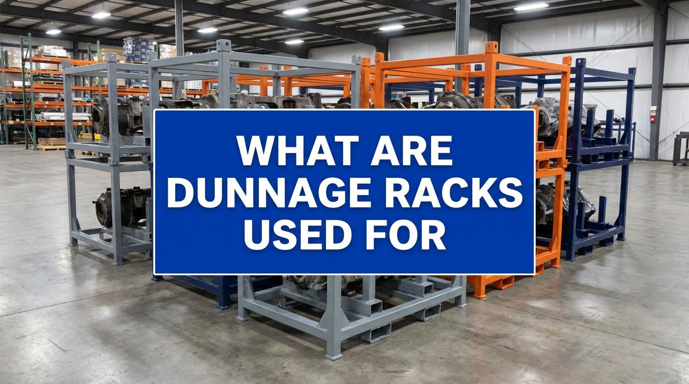 Sign reading WHAT ARE DUNNAGE RACKS USED FOR in a manufacturing warehouse with custom steel stacking racks in the background